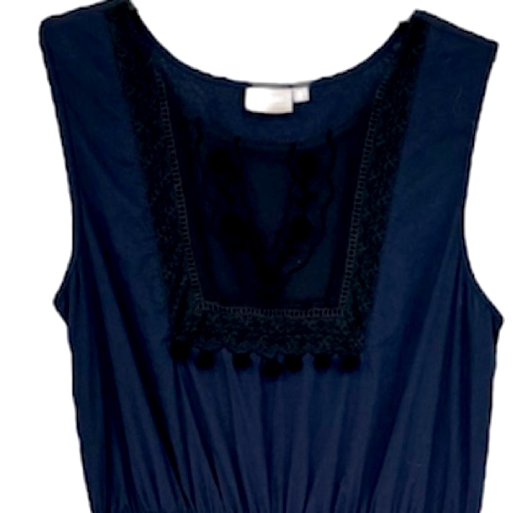 Elegant Maxi Dress Sleeveless Navy Blue Black Pom Lace Embroidered Size Large - Picture 5 of 17